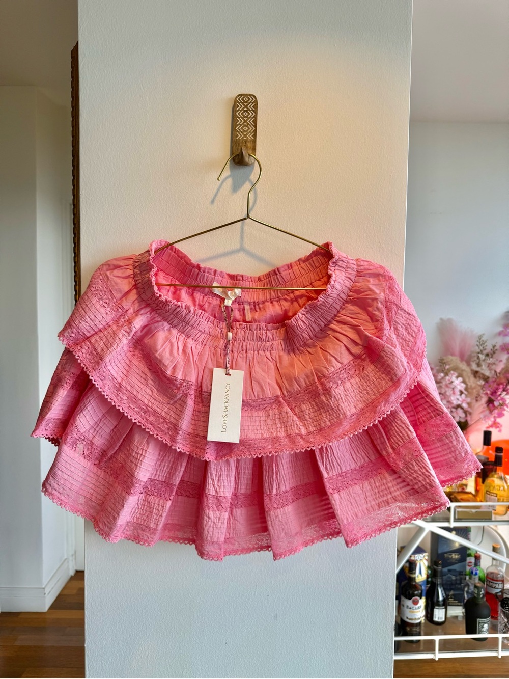 LoveShackFancy Pink Tiered Mini Skirt